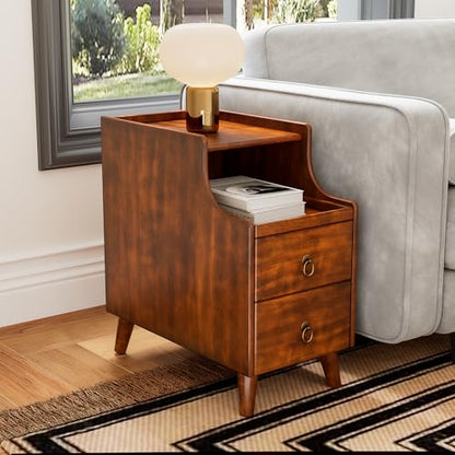 Narrow End Side Table Set of 2 with 2 Drawers and Pull-Out Tray, No-Tools Assembly Sofa Beside Table for Living Room, Slim Side Table with Wood Legs, 11.8”W x 21.6”L x 22.9”H Caramel Brown BG-A1359-MG - style: 2*End Table with 2 Drawers