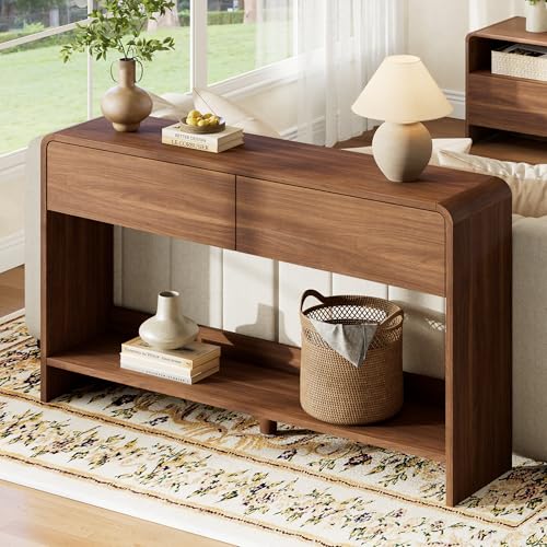 AMERLIFE 55" Modern Entryway Console Table with 2 Storage Drawers | Open Bottom Shelf, Wood Grain Finish, Rounded Edges, Long Sofa Table, Behind Couch, Hallway, Foyer, Living Room, Brown - color: Brown - Flat Panel, size: 55"