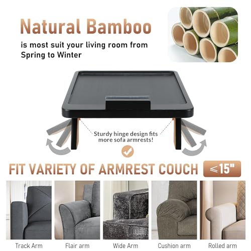 SINWANT Large Couch Armrest Table, 15.75"x 11.8" Bamboo Couch Arm Table with 360° Rotating Phone Holder,Foldable Anti-Slip Sofa Arm Tray for Snacks,Drinks,Remotes on Wide Armrest - color: Large Black