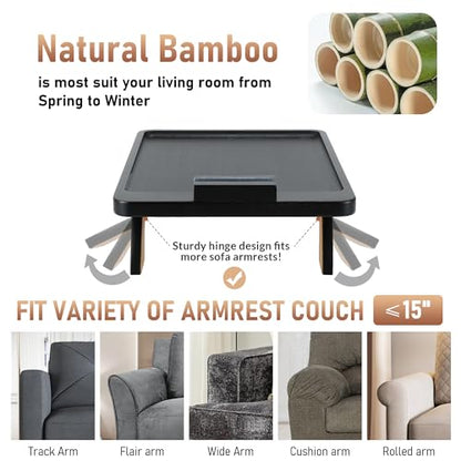 SINWANT Large Couch Armrest Table, 15.75"x 11.8" Bamboo Couch Arm Table with 360° Rotating Phone Holder,Foldable Anti-Slip Sofa Arm Tray for Snacks,Drinks,Remotes on Wide Armrest - color: Large Black