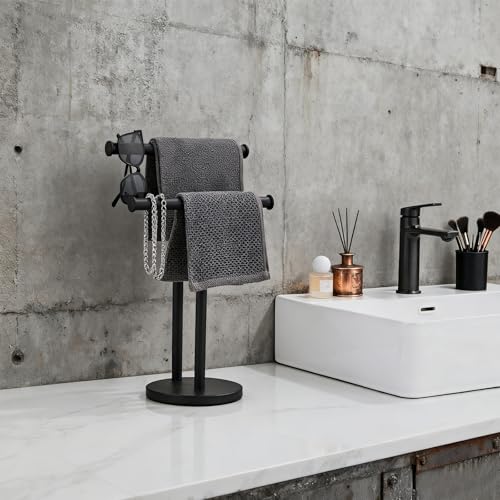 Hand Towel Holder, NEWRAIN Double Countertop Hand Towel Holder Stand, Stainless Steel Free Standing Hand Towel Rack with Heavy Base, for Bathroom Kitchen & Counter top, Matte Black - color: Matte Black, style: 2-Tier