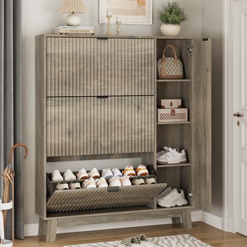 Xixini Shoe Cabinet with 3 Flip Drawers, 54" Tall Narrow Fluted Shoe Storage Organizer for Entryway, Hidden Wooden Shoe Rack with Adjustable Side Cabinet for Front Door Entrance, Hallway, Light Grey - color: Light Grey, size: 3 Flip Drawers & Side Cabinet