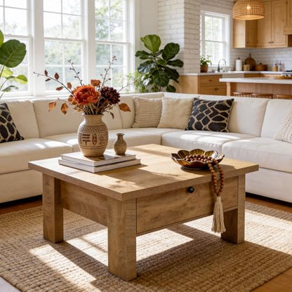 Tribesigns 31.5" Coffee Table, Farmhouse Coffee Table with Storage Drawer, Square Center Table for Living Room & Small Spaces, Brown