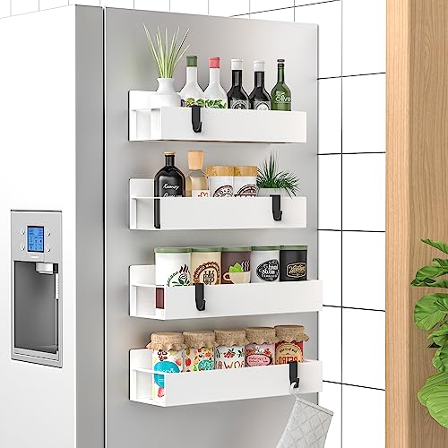Metal Magnetic Spice Rack for Refrigerator with Hooks White | Magnetic Shelves Heavy Duty for Fridge in Kitchen, Seasoning Storage Organizer, For Oven Washer and Dryer, For Heavier Items - color: White, size: 4 Pack