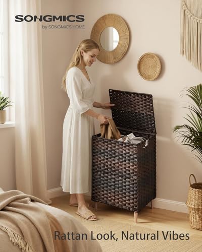 SONGMICS 2-Section Laundry Hamper with Lid, 29 Gal (110L) PE Rattan Laundry Basket with Removable Washable Liners, for Bedroom & Living Room, Chestnut Brown ULCB222ME01 - color: Chestnut Brown, size: 110 L (2 Basket)