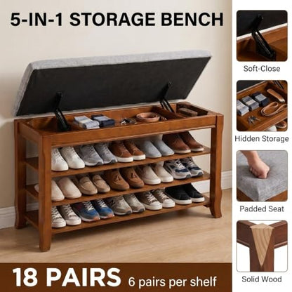 Solid Wood Shoe Bench, 47.2'' Shoe Rack for Entryway Storage | 550 lbs Max Load, Flip-Top Soft-Close Lid, Adjustable Shelves, Cushioned Entryway Shoe Rack Organizer, Tool-free Assembly - size: 47.2''