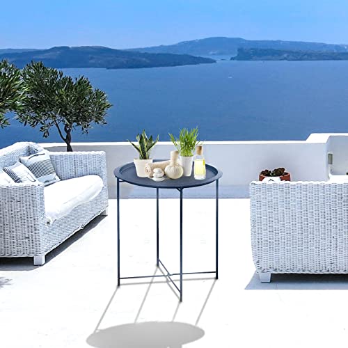 Garden 4 you End Table Metal Side Table Blue Round Folding Tray Cyan Sofa Small Accent Fold-able Table, Round End Table Tray, Next to Sofa Table, Snack Table for Living Room and Bed Room - color: Dark Blue