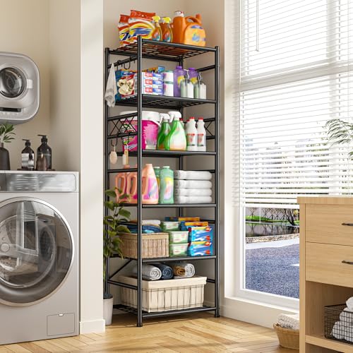 DurayLoly Storage Shelves 6-Tier Metal Shelving Unit with Hooks,Heavy Duty Garage Shelving with Leveling Feet,High Standing Shelf Organizer for Kitchen Pantry Bathroom Dorm,17.7”W×11.8”D ×72.2”H,Black - size: 17.7" W x 11.81" D x 72.2" H (6T)