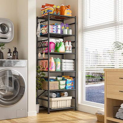 DurayLoly Storage Shelves 6-Tier Metal Shelving Unit with Hooks,Heavy Duty Garage Shelving with Leveling Feet,High Standing Shelf Organizer for Kitchen Pantry Bathroom Dorm,17.7”W×11.8”D ×72.2”H,Black - size: 17.7" W x 11.81" D x 72.2" H (6T)