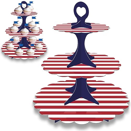 Patriotic Cupcake Stand, 3-Tier Red White Blue Cardboard Dessert Tower, Independence Day Memorial Veterans Day Party Decorations, American Flag Theme Dessert Display (2-Pack) - color: Red White