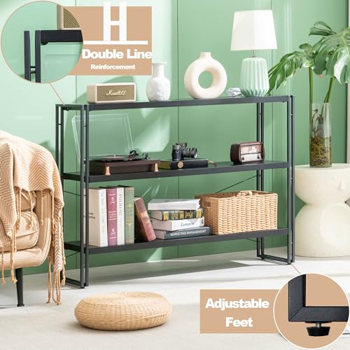HCHQHS Bookshelf, 3-Tier Industrial Bookcase, Black Open Book Shelf, Freestanding Horizontal Bookshelves with Metal Frame - color: Black, size: 3-Tier (47"W x 33.5"H)