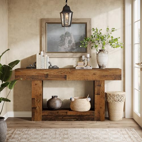 Tribesigns 63-Inch Long Console Table, 2-Tier Entryway Table Sofa Table with Storage, Farmhouse Wood Behind Couch Table for Living Room, Hallway, Rustic Mixed Brown - color: Rustic Mixed Brown