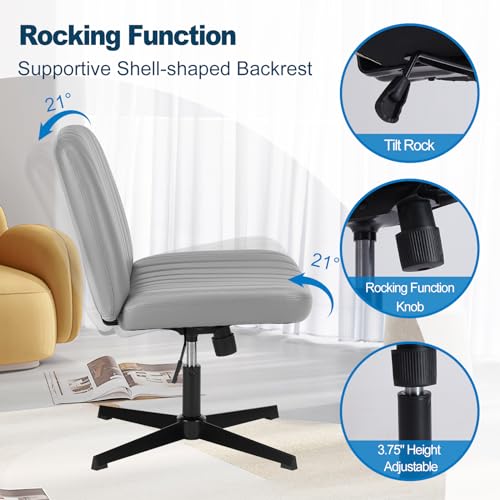 OLIXIS Criss Cross Chair, Vanity Chair, Home Office Desk | Armless No Wheels Wide Seat, Height Adjustable Swivel, Faux Leather, Bedroom Student Study, Grey Dual Base - color: Grey Dual Base