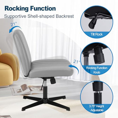 OLIXIS Criss Cross Chair, Vanity Chair, Home Office Desk | Armless No Wheels Wide Seat, Height Adjustable Swivel, Faux Leather, Bedroom Student Study, Grey Dual Base - color: Grey Dual Base