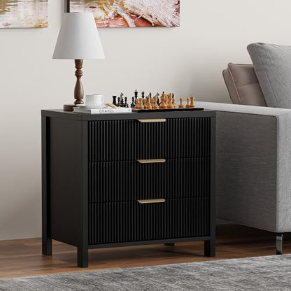 Fluted Nightstand, 23.7'' Wide Night Stand with 3 Drawers, Mid-Century Modern Bedside Table with Handles, Wood End Table for Bedroom, Black