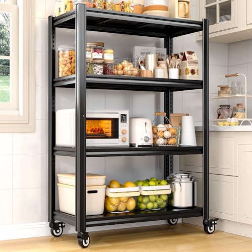 REIBII Rolling Storage Shelves Adjustable Shelf for Kitchen Office | 2080 LBS capacity,59.8" H x 31.5" W x 16.5" D,4 Tier,Black,Solid metal panels，360°wheels with lock,Boltless 10min assembly