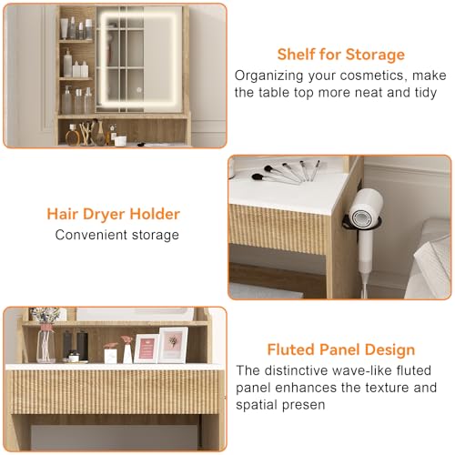 YOURLITE 24" Fluted Makeup Vanity Desk with LED Mirror and Stool | Small Vanity Table Set, 3 Lighting Modes, Charging Station, Hairdryer Holder, Cushioned Stool - size: 27.5", style: Wooden