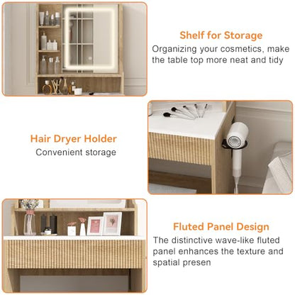 YOURLITE 24" Fluted Makeup Vanity Desk with LED Mirror and Stool | Small Vanity Table Set, 3 Lighting Modes, Charging Station, Hairdryer Holder, Cushioned Stool - size: 27.5", style: Wooden