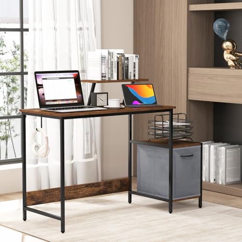 Tangkula Computer Desk with Charging Station, Home Office Desk with Reversible Fabric Drawer, Headphone Hook & Elevated Shelf, Study Writing Table, Industrial PC Workstation for Home