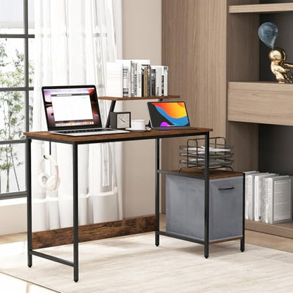 Tangkula Computer Desk with Charging Station, Home Office Desk with Reversible Fabric Drawer, Headphone Hook & Elevated Shelf, Study Writing Table, Industrial PC Workstation for Home