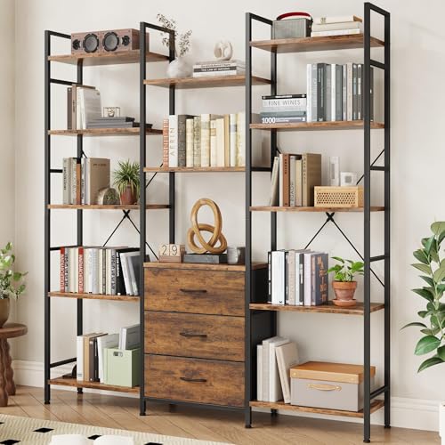 AFLUI Triple Bookshelf with 3 Fabric Drawers, 5-Tier Book Shelf and 10 Display Shelves, Industrial Large Bookcase for Home & Office, Rustic Brown, 47'' Wide - color: Rustic Brown, size: 5 Tier(47" W)