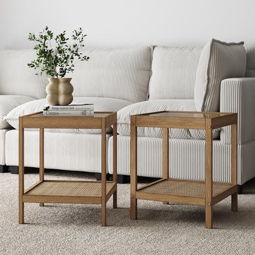 Nathan James Hayes Solid Wood Nightstand, Bedside, End or Side Table in Light Brown Wood Finish & Glass Top with Open Storage Shelf, Set of 2 - color: Light Brown/Glass, size: Set of 2