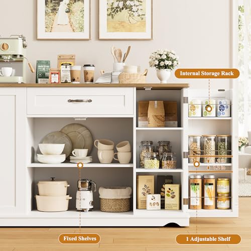 HOSTACK Kitchen Island Cart with Storage, 47'' Kitchen Storage Island on Wheels with 2 Drawers, Rolling Island Table with Adjustable Shelves, Mobile Buffet Sideboard Cabinet for Dining Room, White - style: White + Rustic Brown