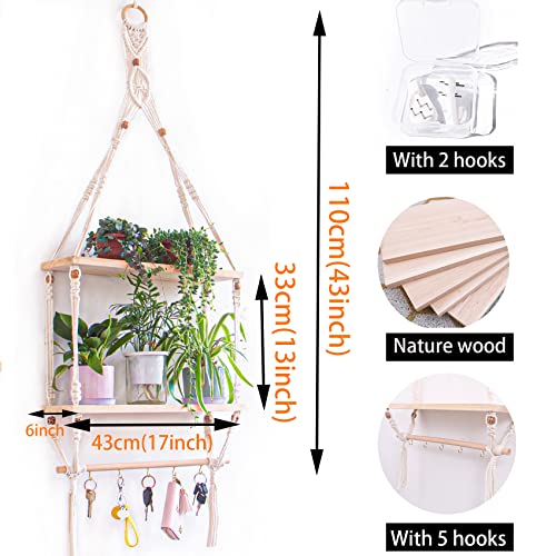 TENEWEE Boho Macrame Wall Hanging Shelf with Hooks for Bedroom | Handmade Woven, Space Saving For Rental Apartments, Easy Hanging, Plant & Book Display, Bedroom, Kitchen, Bathroom, Dorm - size: 2tier shelves