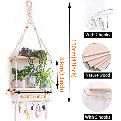 TENEWEE Boho Macrame Wall Hanging Shelf with Hooks for Bedroom | Handmade Woven, Space Saving For Rental Apartments, Easy Hanging, Plant & Book Display, Bedroom, Kitchen, Bathroom, Dorm - size: 2tier shelves