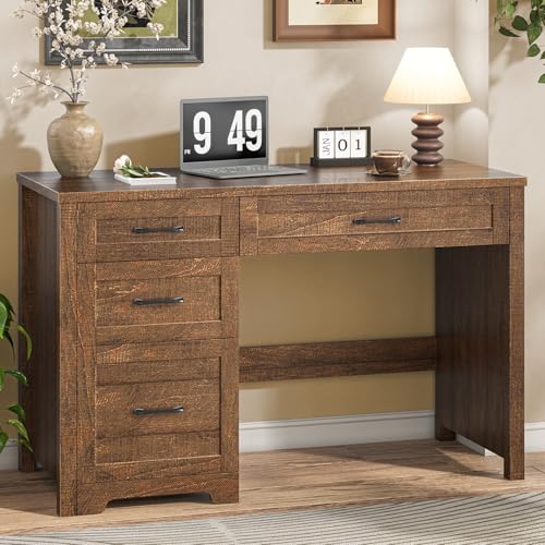 Halitaa Farmhouse 47" Executive Desk with File Drawer, Wood Computer Desk with 3 Storage Drawers, Workstation for Home Office, Study, Writing, Red Brown - color: Red Brown, size: without Charging Station