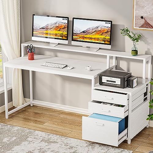 Tribesigns 63 Inch Computer Desk with File Drawer Cabinet, Ergonomic Office Desk with Monitor Stand, Computer Table with Printer Space, Wood PC Table Workstation Desk for Home Office, White - color: White