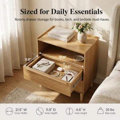 26 Inch Tall Natural Oak Nightstand with Charging Station, 2 Drawers | 24 inch wide, 16 inch deep design with raised-edge tray top, open shelf, hidden storage, and a lighter bedside feel - color: Natural Oak