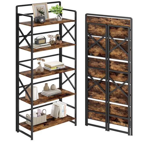 Folding Bookshelf 5 Tiers,No Assembly, Metal Storage,Rustic Brown | 55.3''H Vintage Wood Collapsible Foldable Bookcase,Metal Storage Rack Organizer for Living Room, Bedroom, Home Office - color: Rustic-xx Brown, size: 5-tier