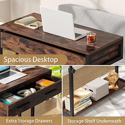 Tribesigns Portable Desk with Drawers, Mobile Laptop Desk with Wheels, Sofa Side Table Small Portable Standing Rolling Table for Home Office - color: Brown