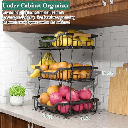 OKZEST 3-Tier Fruit Basket Fits Under Standard Upper Cabinet, 17.2" Tall | 2-In-1 Wall Mount & Countertop. Stackable Kitchen Organizer with Banana Hanger, Hold Potato, Onion, Bread, Snack, Can, Veggie - size: 3-Tier