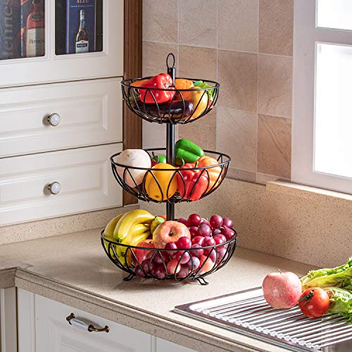 3 Tier Fruit Basket Bowl, Vegetable Organizer, Metal Black | Space-Saving, Home Fruit Rack Stand for Countertop, Storage Bread, Snacks, Fits Under Cabinets - color: 3 Tier