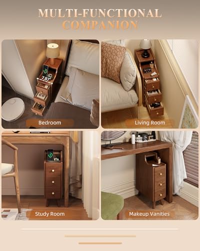 Narrow Nightstand with Drawers, 7.9" Solid Wood Nightstand with Open Shelf & Cable Hole, Modern Night Stand Slim Bedside Table for Small Spaces, Bedroom, Study - color: Walnut, size: 15.7"D x 7.9"W x 23.6"H