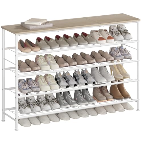 SUOERNUO Shoe Rack Organizer 5 Tier for Closet Entryway Free Standing Metal Storage Shoe Shelf with MDF Top Board (White+Oak, Large 5 Tier) - color: White+oak, size: Large 5 Tier