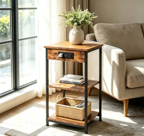 WLIVE End Table with Charging Station, Small Night Stand Rustic Brown | Side Tables with Storage Adjustable Shelf for Small Spaces; Bedside Tables for Living Room, Bedroom - color: Rustic Brown