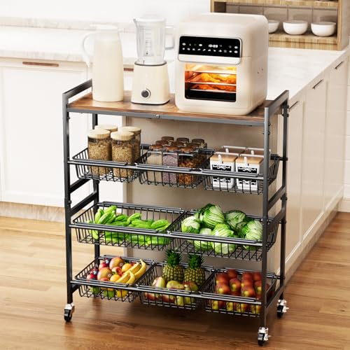 Cinati 4-Tier Utility Kitchen Cart with Wood Top, 29" W Kitchen Storage Cart with 8 Baskets & Handle, Metal Snack Cart with Wheels, Adjustable Pantry Organizer and Storage Cart for Fruit, Vegetables - color: Black, size: 4 Tier (with Wood Top)