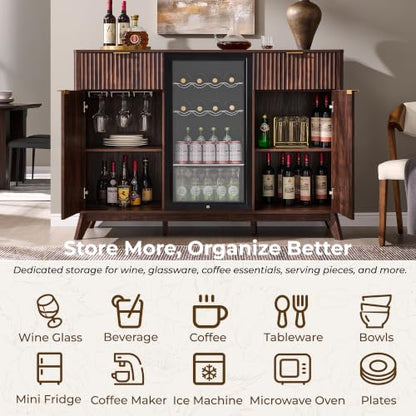 OKD 60" Fluted Coffee Bar Cabinet with Mini Fridge Space, Dark Walnut | Mini Fridge Compatible, Built In Charging Station, 3 Stemware Racks, 2 Drawers, 2 Cabinets, Home Bar Cabinet Storage - color: Dark Walnut