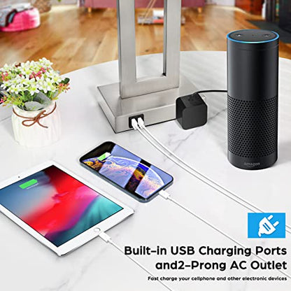 22'' Tall Table Lamps for Bedroom Set of 2, Silver Bedside Touch Control Lamp with 2 USB Ports&AC Outlet, Modern Living Room Table Lamp for Nightstand End Table, 3-Way Dimming with 2 E26 Edison Bulbs | 3 Way Dimmable, Touch Control, White Fabric Shade, E2