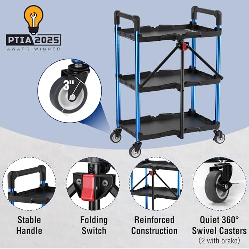 WORKPRO 3-Tier Collapsible Service Cart, Black/Blue, 210 LBS Foldable Utility Cart with Wheels, Portable Rolling Tool Cart for Garage, Warehouse, Home, Restaurant and Office (No Assembly Required) - color: Black/Glossy Blue