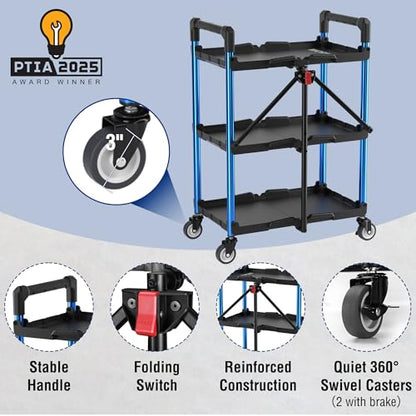 WORKPRO 3-Tier Collapsible Service Cart, Black/Blue, 210 LBS Foldable Utility Cart with Wheels, Portable Rolling Tool Cart for Garage, Warehouse, Home, Restaurant and Office (No Assembly Required) - color: Black/Glossy Blue