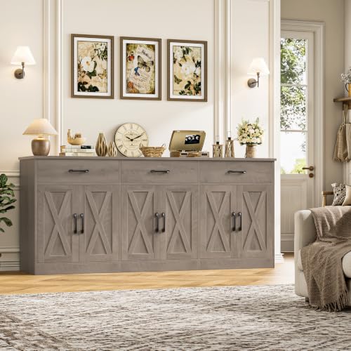 HOSTACK 71" W Farmhouse Kitchen Sideboard Buffet Cabinet with Storage, Grey | Large Coffee Bar Cabinet with 3 Wide Drawers, Long Buffet Table with Shelves, Kitchen Storage Cabinet for Dining Room - color: Ash Grey