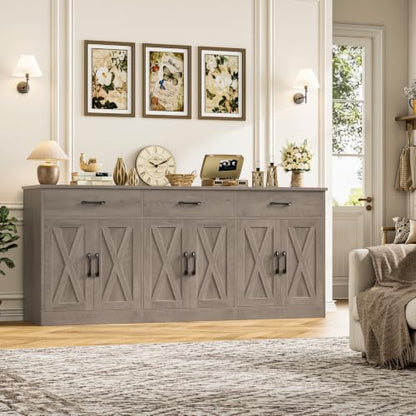 HOSTACK 71" W Farmhouse Kitchen Sideboard Buffet Cabinet with Storage, Grey | Large Coffee Bar Cabinet with 3 Wide Drawers, Long Buffet Table with Shelves, Kitchen Storage Cabinet for Dining Room - color: Ash Grey