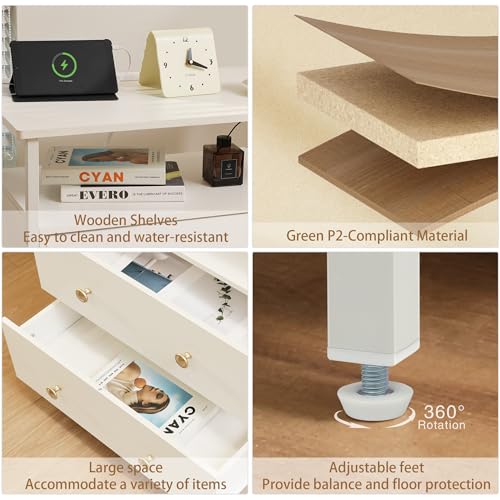 Edbuosy 27 inch Wide Night Stand with Charging Station, Bedside Table with Open Shelf, 2 Drawers Small Wood Dresser, Modern Wood Nightstand for Bedroom/Living Room, White - color: White, size: 27"W-2 Drawers
