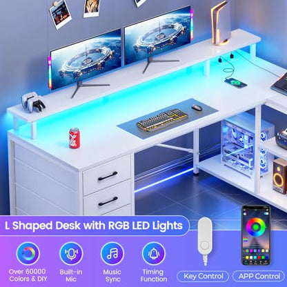 SEDETA L Shaped Gaming Desk with 4 Drawers, Shelves, Power Outlets, White | L Shaped Desk with LED Lights , Computer Desk with Shelves & Drawer, Corner Desk Home Office Desk - color: White