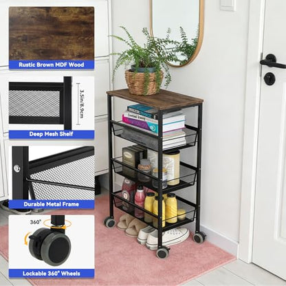 Kitchen Cart with Drawers, 4-Tier Rolling Cart with Wood Tabletop, Lockable Wheels Utility Storage Cart, Vegetable Organizer for Kitchen, Serving Cart with Mesh Basket, Industrial Brown