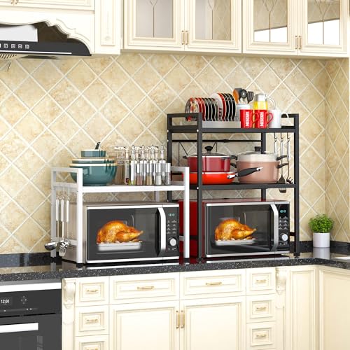 PUSDON 3-Tier Expandable Microwave Oven Rack, Countertop Baker's Rack Style Shelf, Heavy Duty Adjustable Standing Shelf with Hooks, 160lbs Capacity Kitchen Space Saver, Matte Black - color: Matte Black, size: H-frame 3 tier